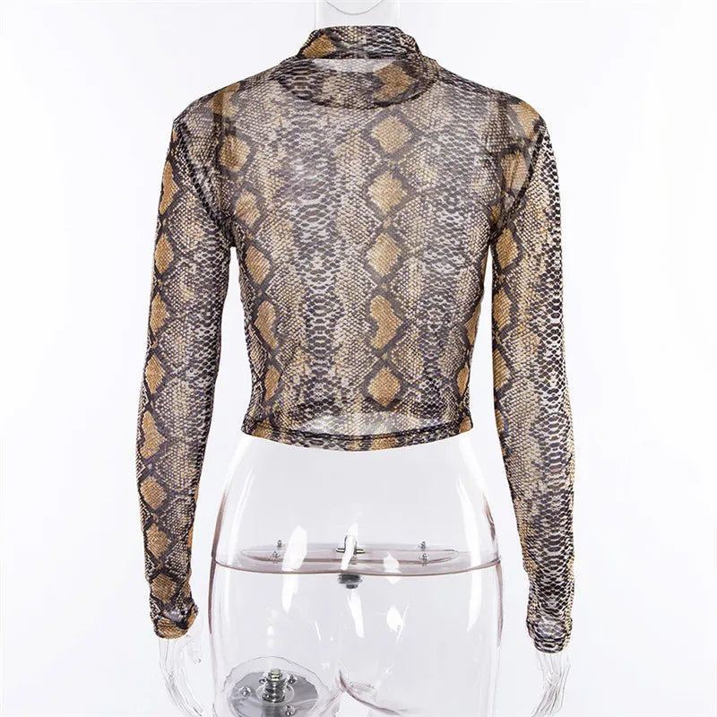 Casual Green Snake Print Mesh Top
