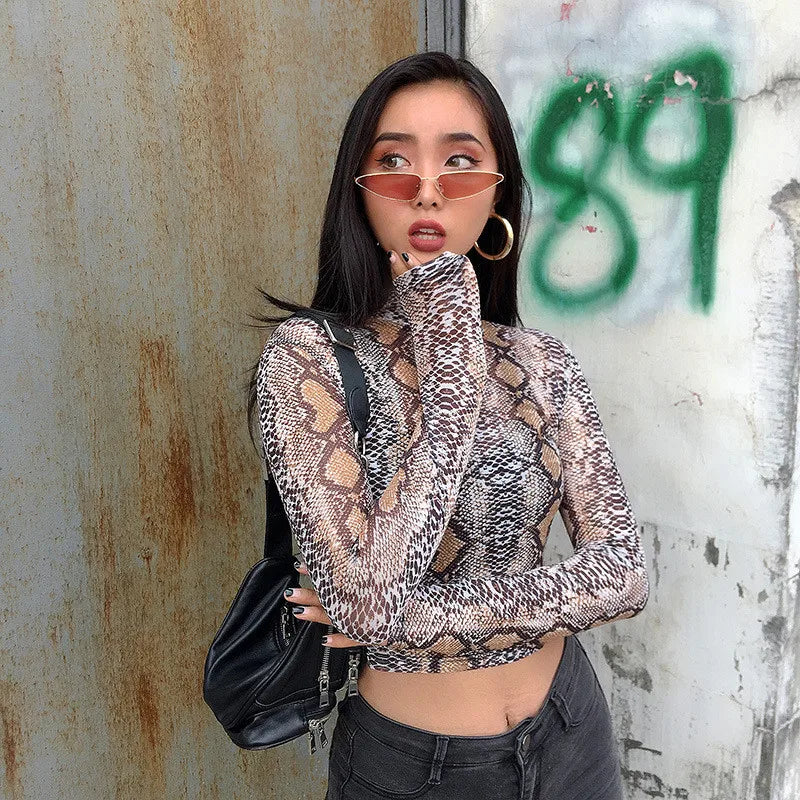 Casual Green Snake Print Mesh Top