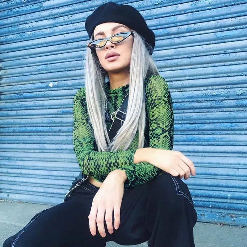 Casual Green Snake Print Mesh Top