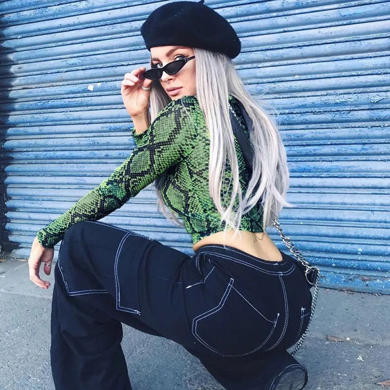 Casual Green Snake Print Mesh Top