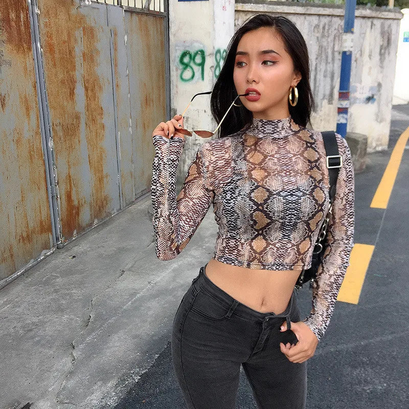 Casual Green Snake Print Mesh Top