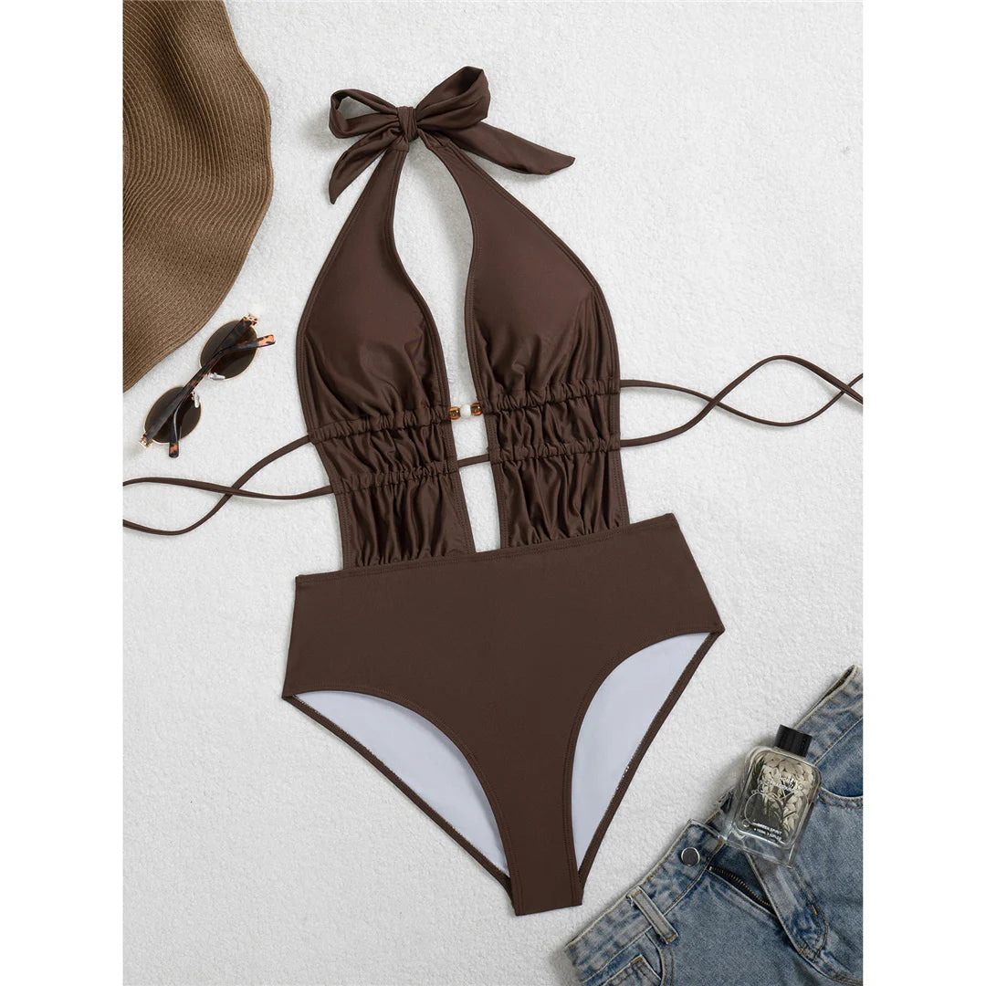 Deep V Neck Halter Wrinkled Women Swimwear