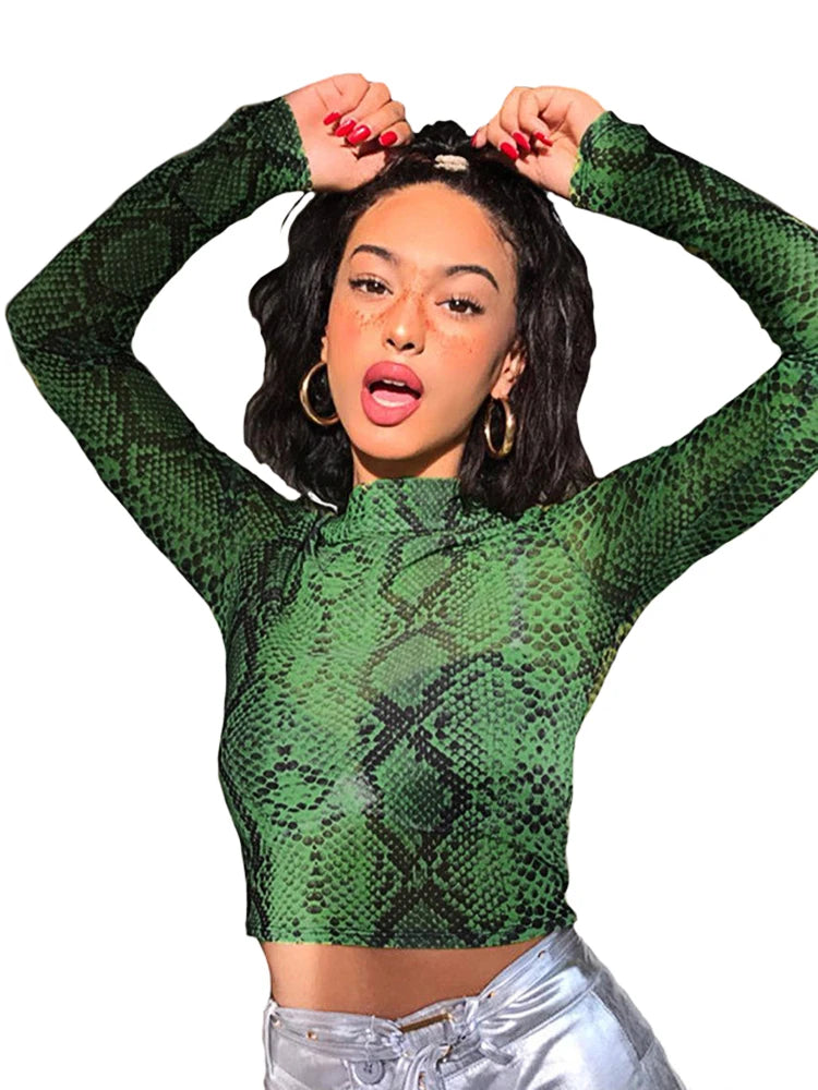Casual Green Snake Print Mesh Top