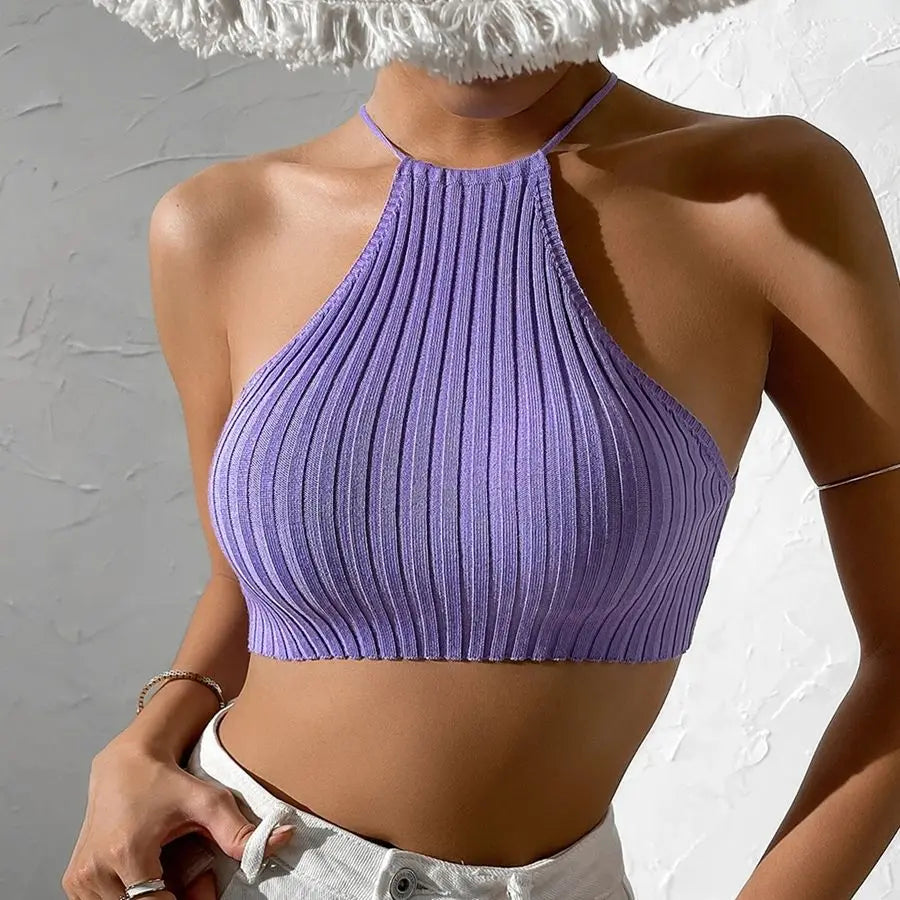 Tie Backless Crop Halter Knit  Top