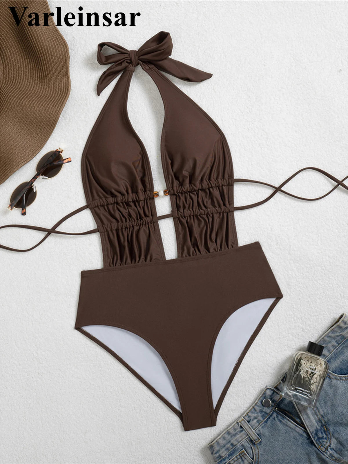 Deep V Neck Halter Wrinkled Women Swimwear