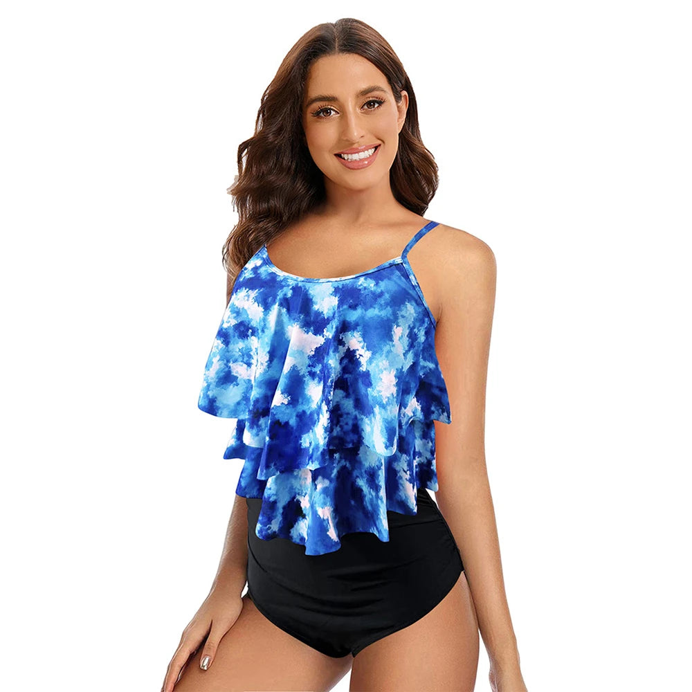 Ruffled Tankini Set Padded Top With Adjustable Shoulder Straps