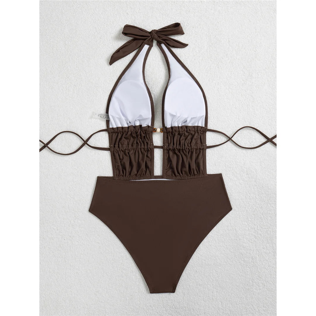 Deep V Neck Halter Wrinkled Women Swimwear