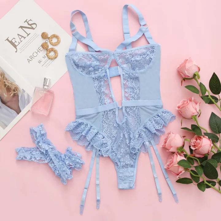 2pcs Floral Lace Garter Lingerie Set