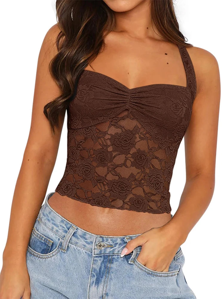 Sleeveless Lace-Trimmed Fitted T-Shirt