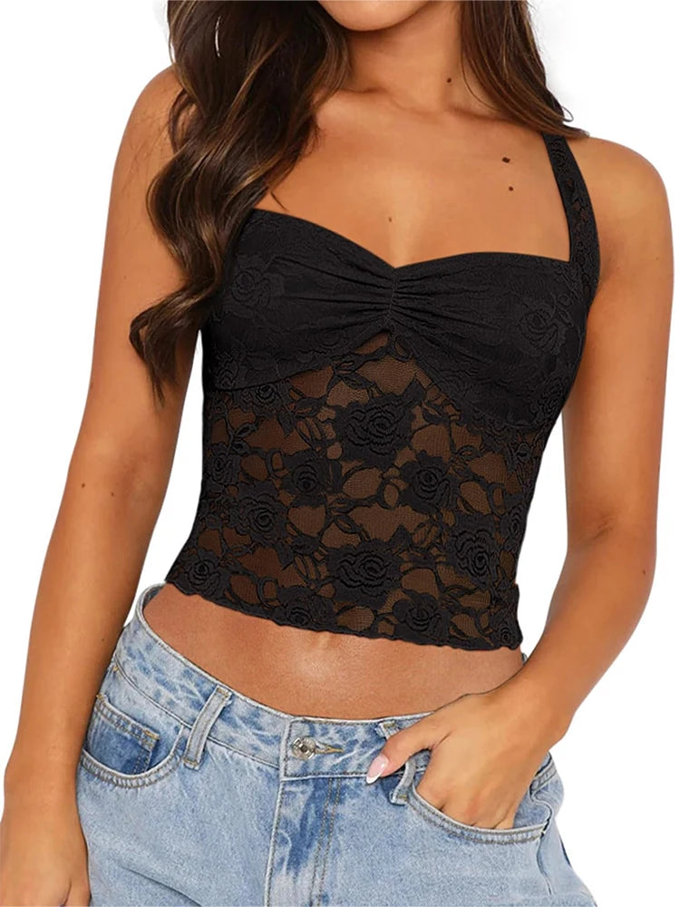 Sleeveless Lace-Trimmed Fitted T-Shirt