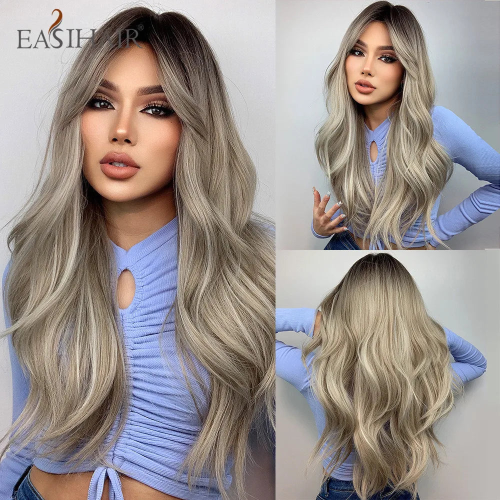 Long Blonde Ombre Brown Synthetic Wigs