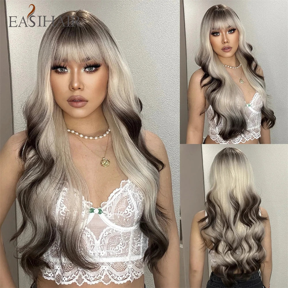 Long Blonde Ombre Brown Synthetic Wigs