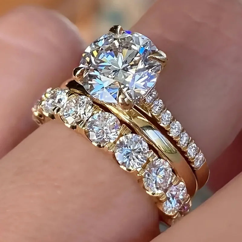 3pcs Set Luxury Temperament Five-claw Inlaid Crystal Zircon Ring