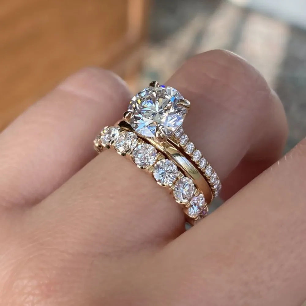 3pcs Set Luxury Temperament Five-claw Inlaid Crystal Zircon Ring
