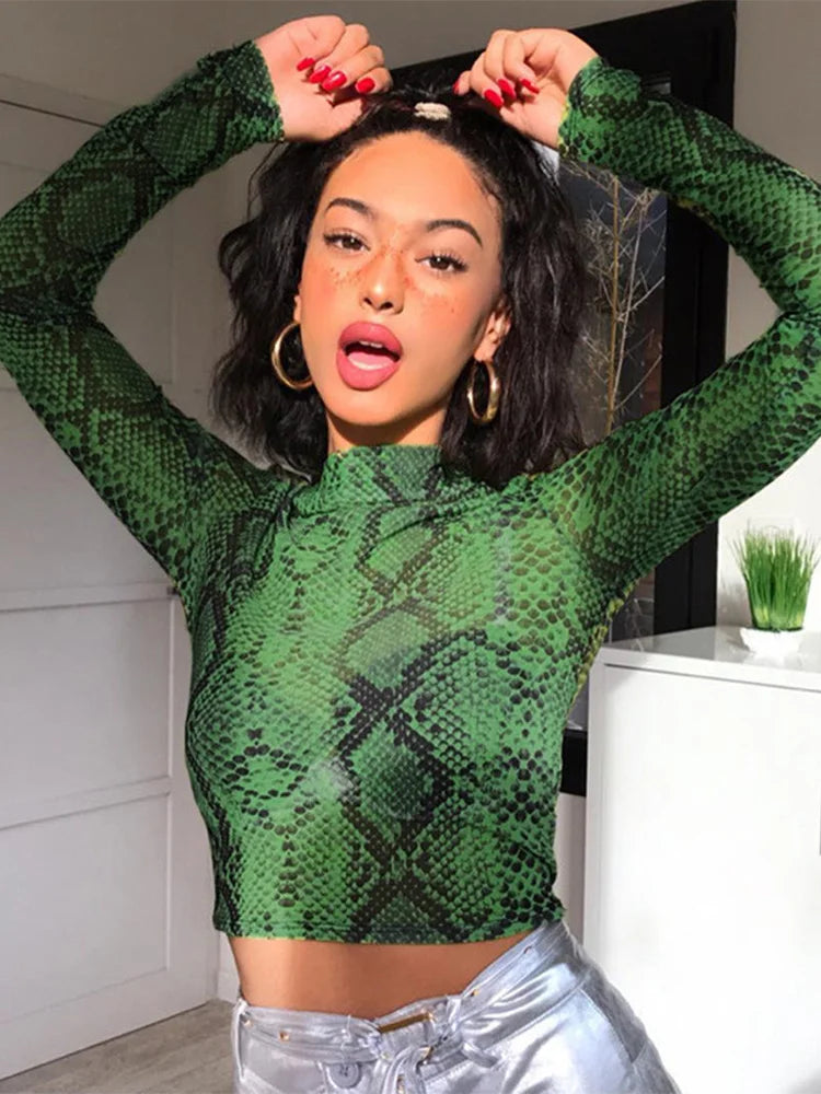 Casual Green Snake Print Mesh Top