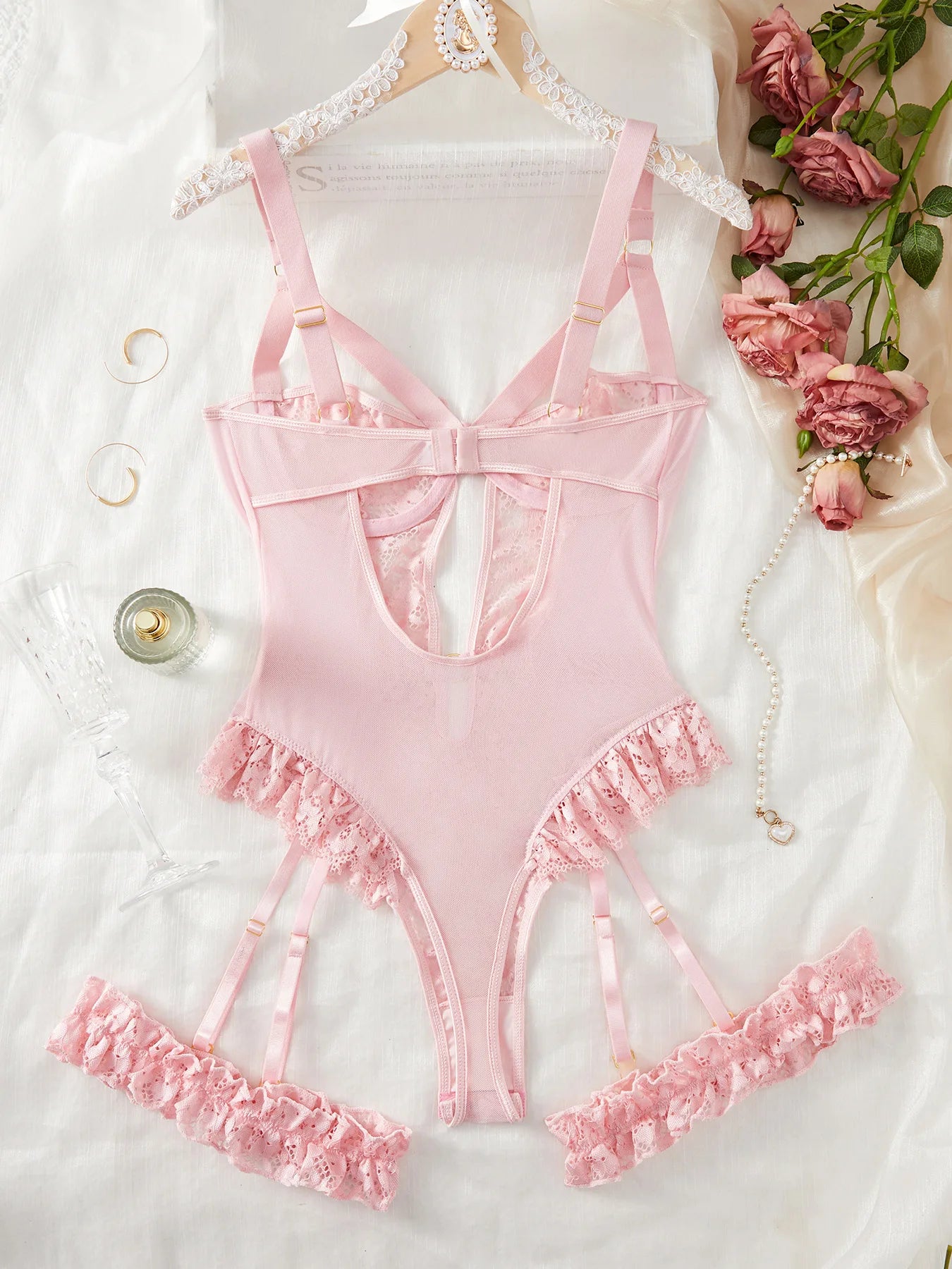 2pcs Floral Lace Garter Lingerie Set