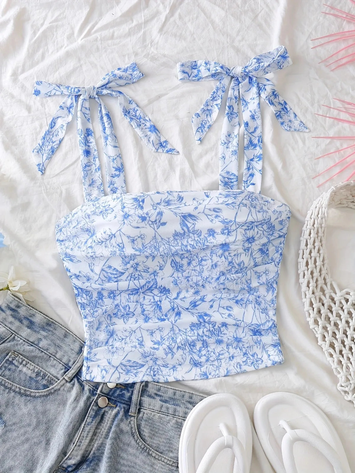 Solid Tie Shoulder Wide Strap Crop Top