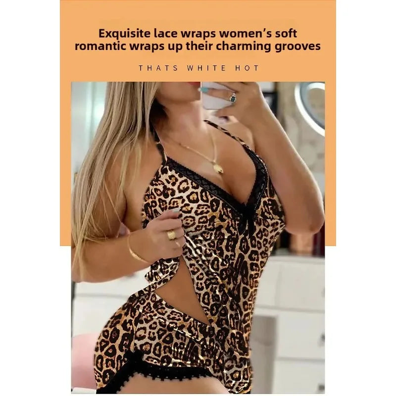 Leopard Print Lace Trim Lingerie