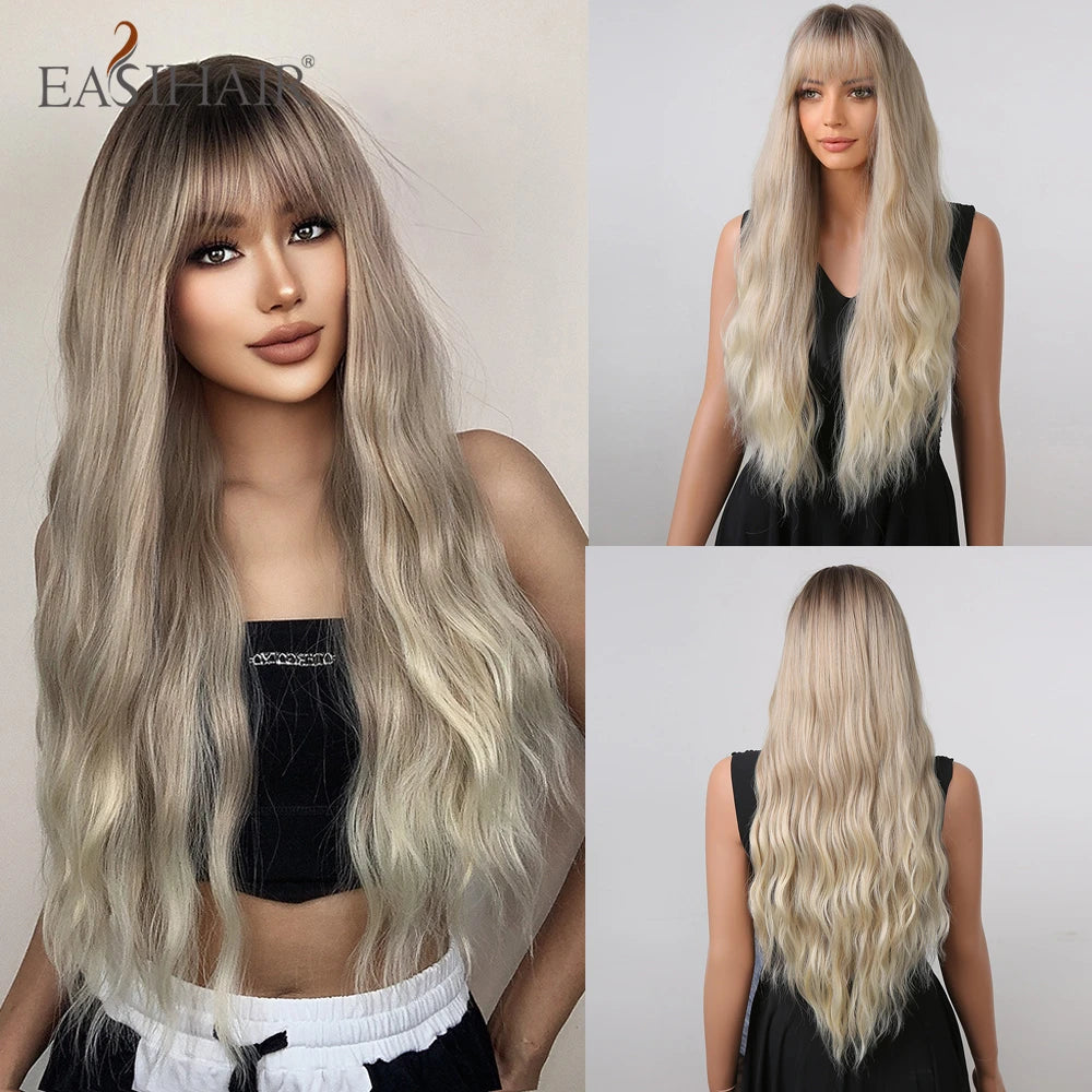 Long Blonde Ombre Brown Synthetic Wigs