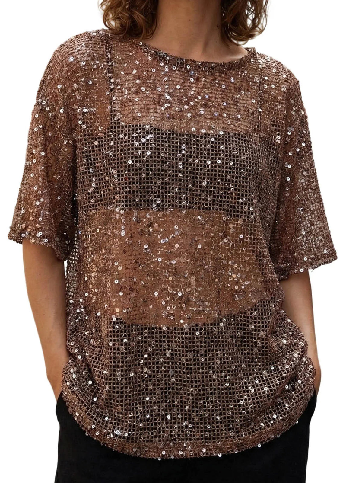 Women's Glitter Sequin Mesh Top