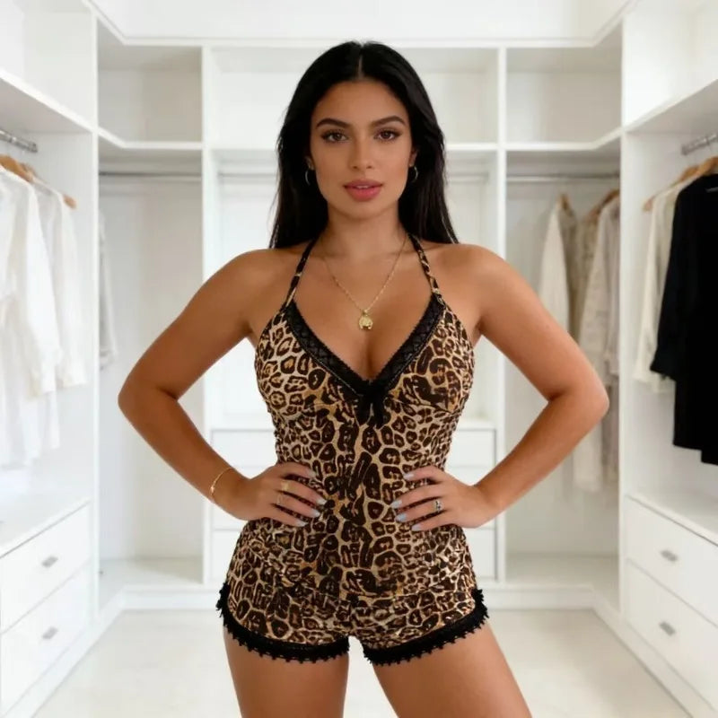 Leopard Print Lace Trim Lingerie