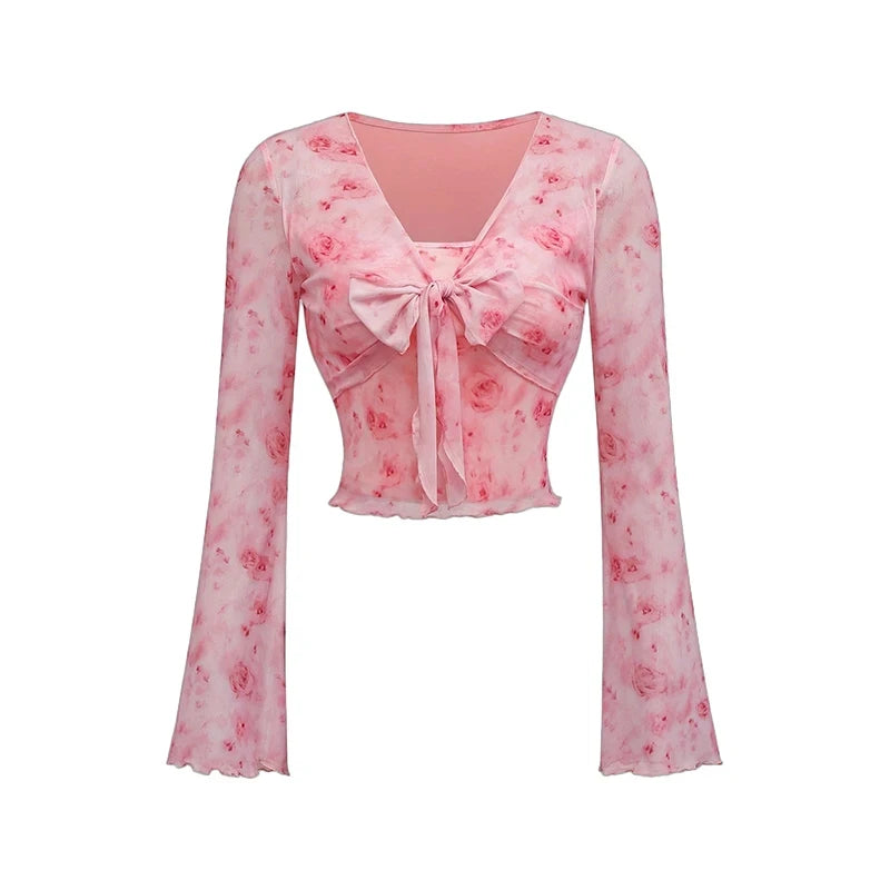 Floral Printed Sweet V-Neck Mesh Top