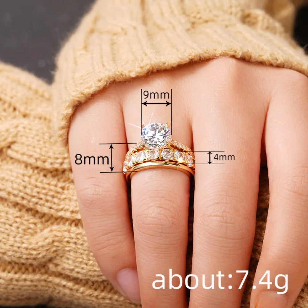 3pcs Set Luxury Temperament Five-claw Inlaid Crystal Zircon Ring