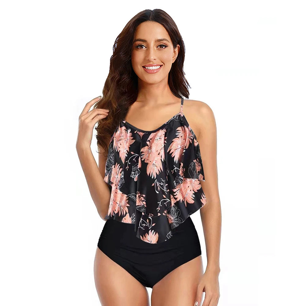 Ruffled Tankini Set Padded Top With Adjustable Shoulder Straps