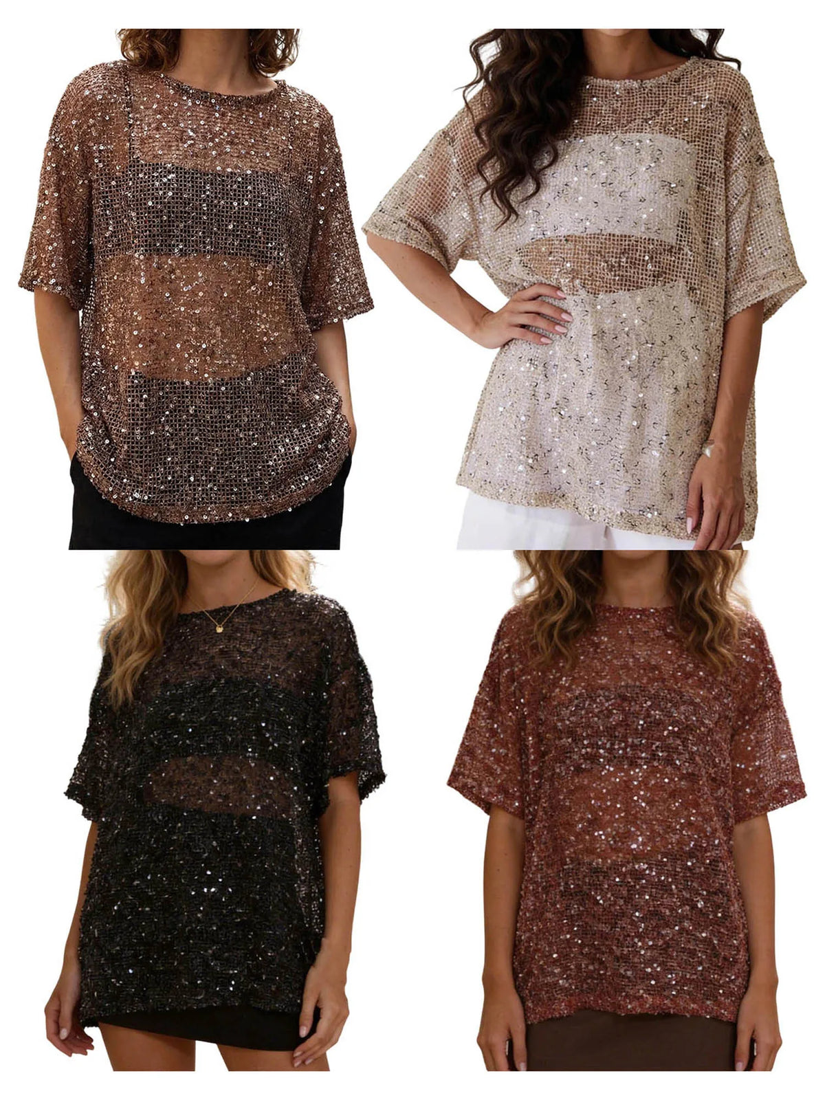 Women's Glitter Sequin Mesh Top