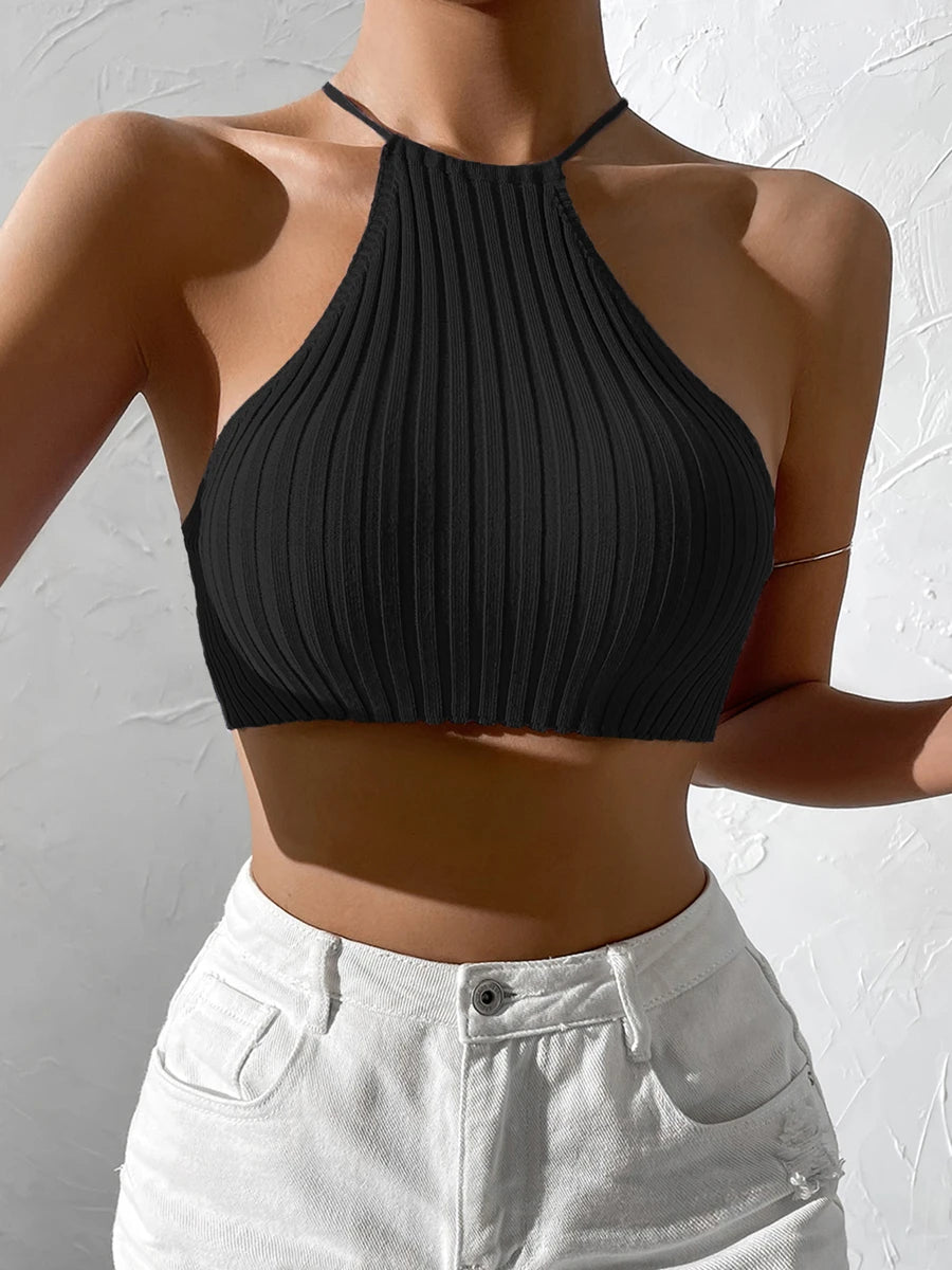 Tie Backless Crop Halter Knit  Top
