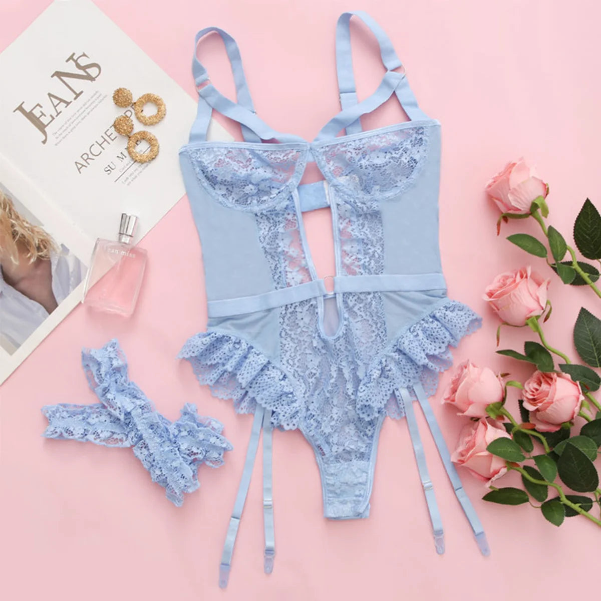 2pcs Floral Lace Garter Lingerie Set
