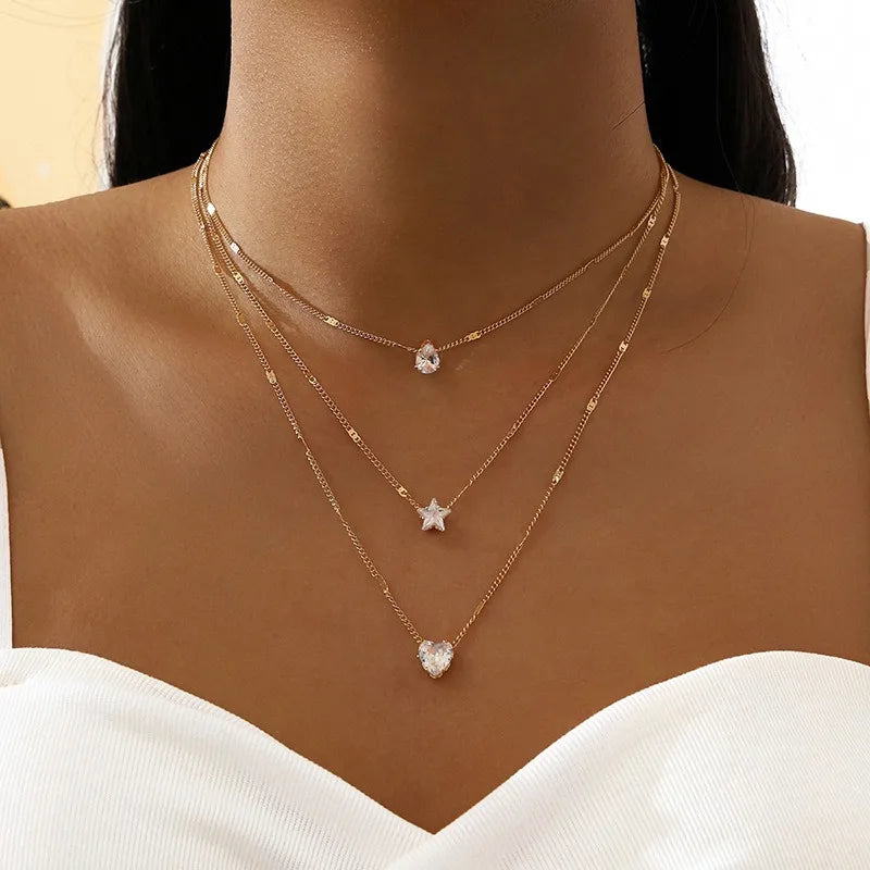 Crystal Zircon Heart Star Charm Multilayer Pendant