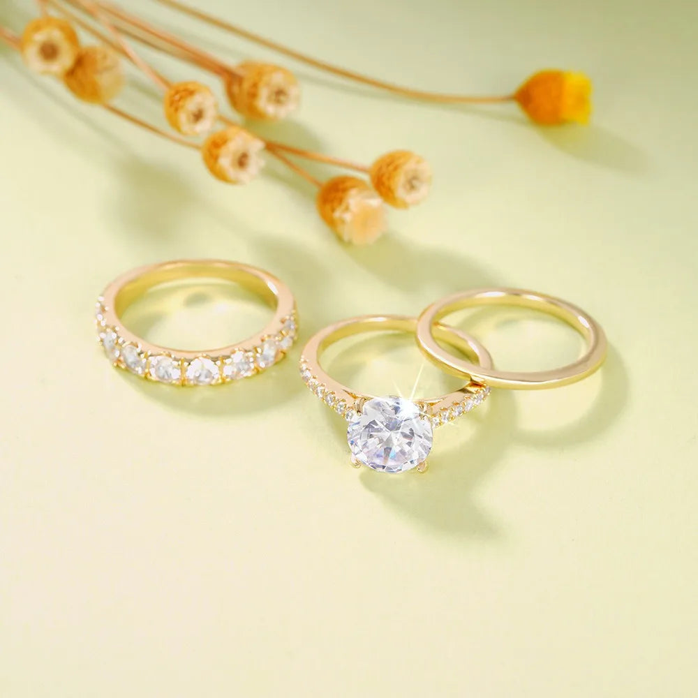 3pcs Set Luxury Temperament Five-claw Inlaid Crystal Zircon Ring
