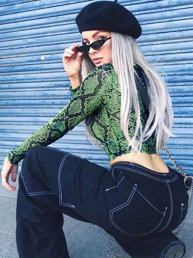 Casual Green Snake Print Mesh Top