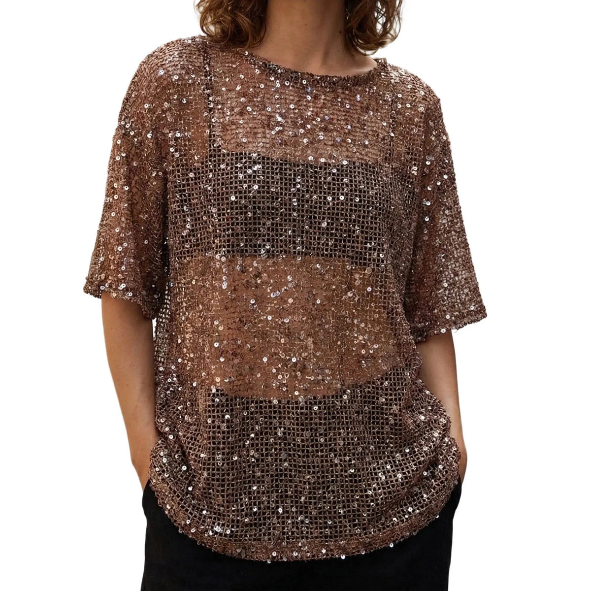 Women's Glitter Sequin Mesh Top