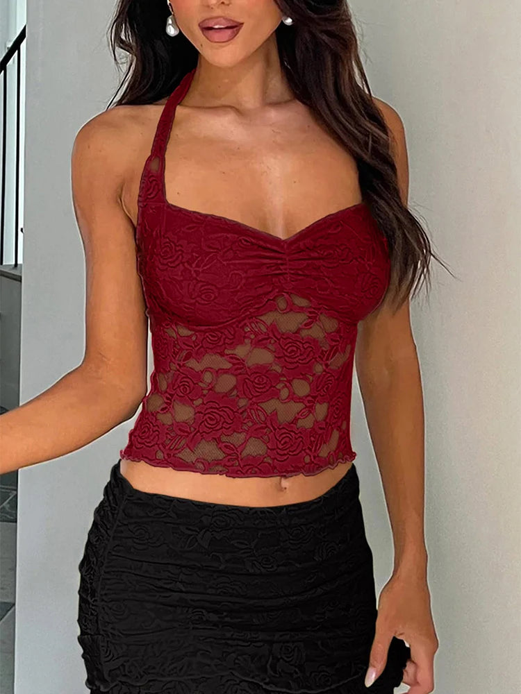 Sleeveless Lace-Trimmed Fitted T-Shirt