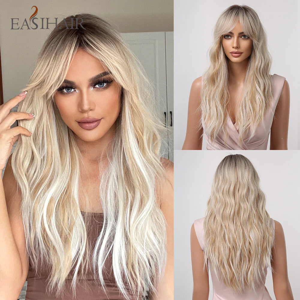 Long Blonde Ombre Brown Synthetic Wigs