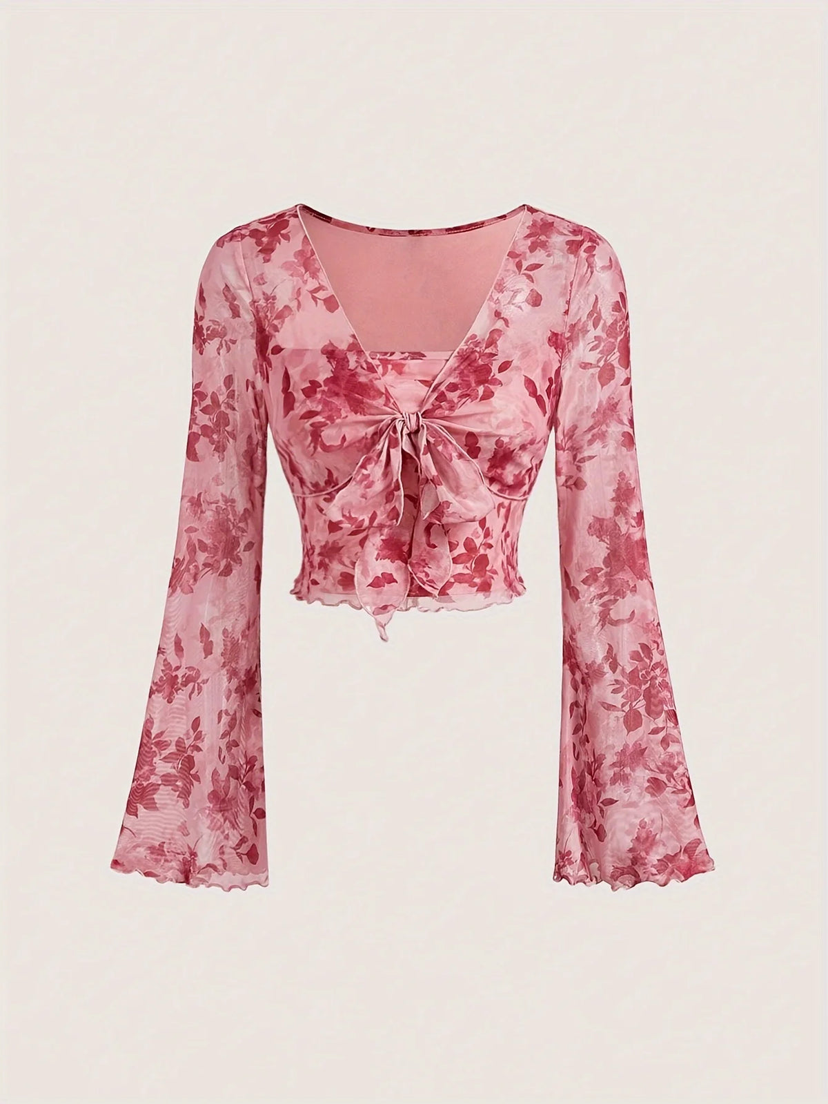 Floral Printed Sweet V-Neck Mesh Top