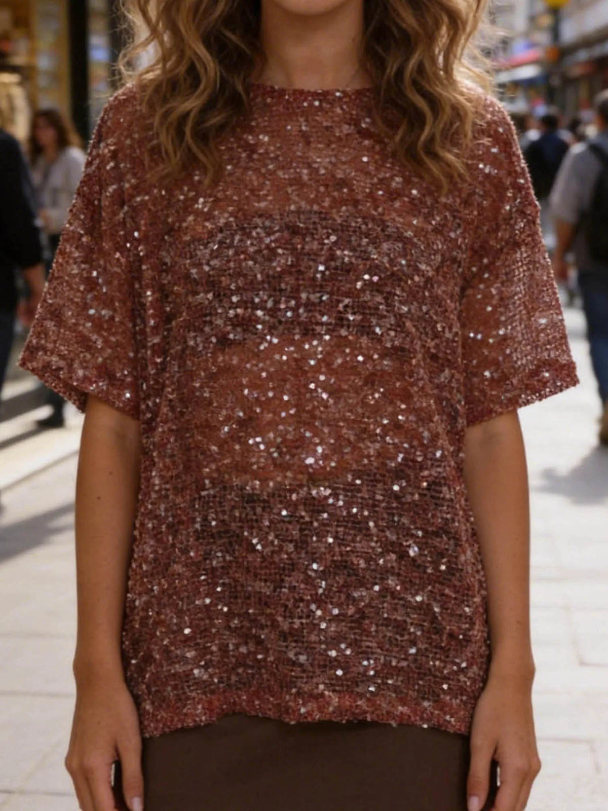 Women's Glitter Sequin Mesh Top