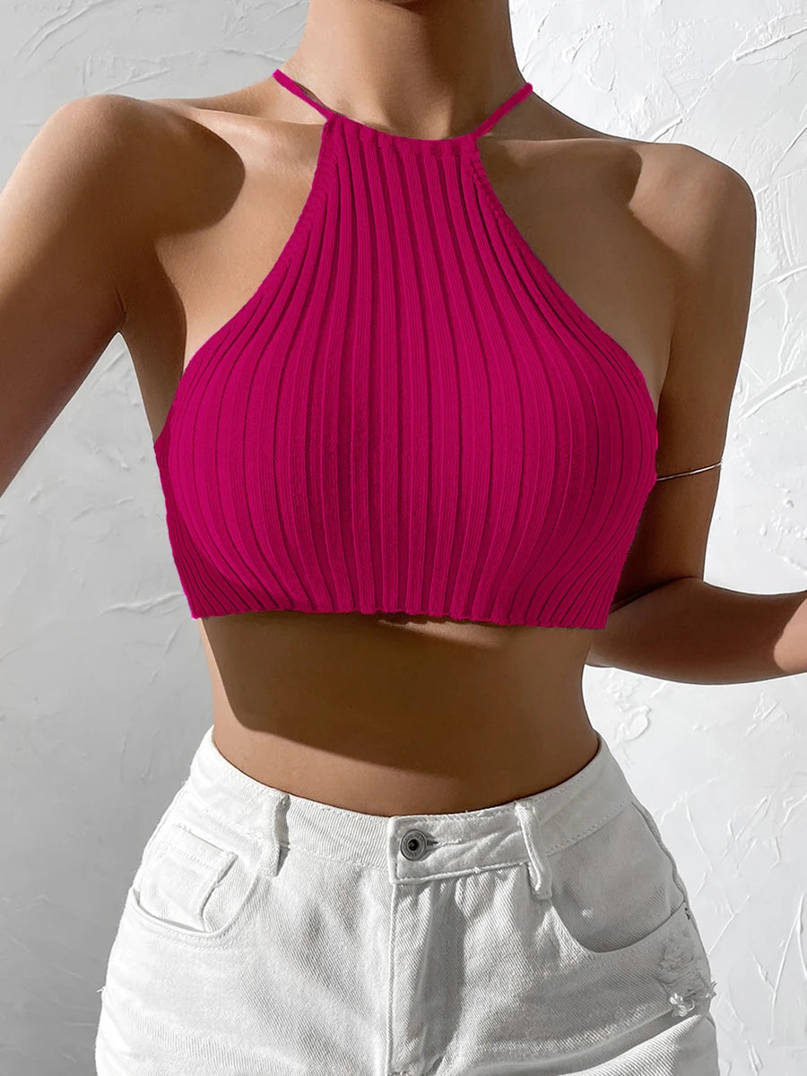 Tie Backless Crop Halter Knit  Top