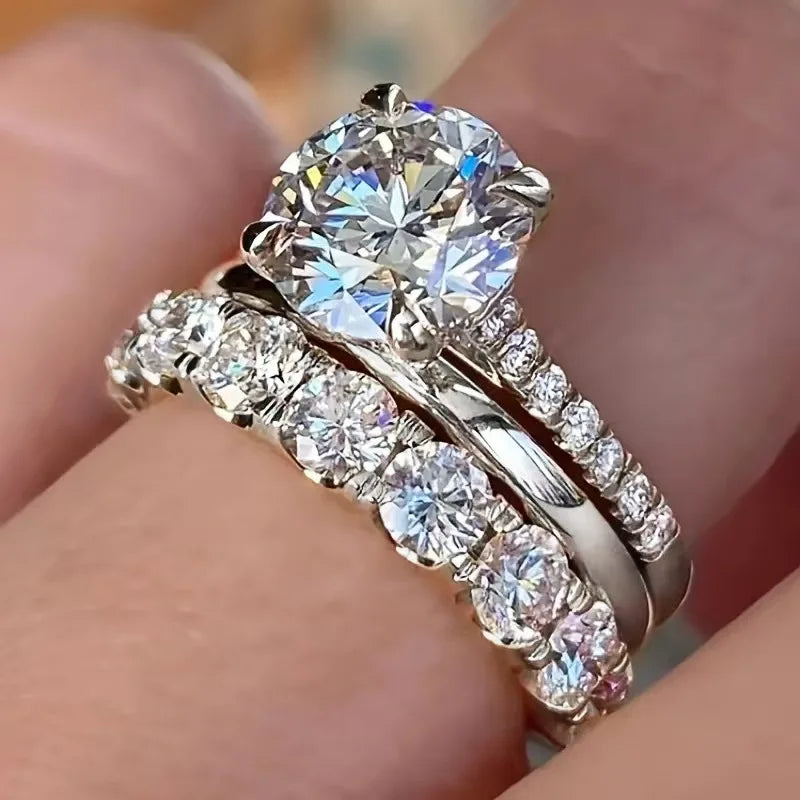 3pcs Set Luxury Temperament Five-claw Inlaid Crystal Zircon Ring