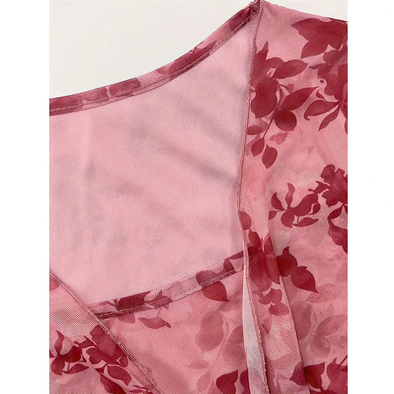 Floral Printed Sweet V-Neck Mesh Top