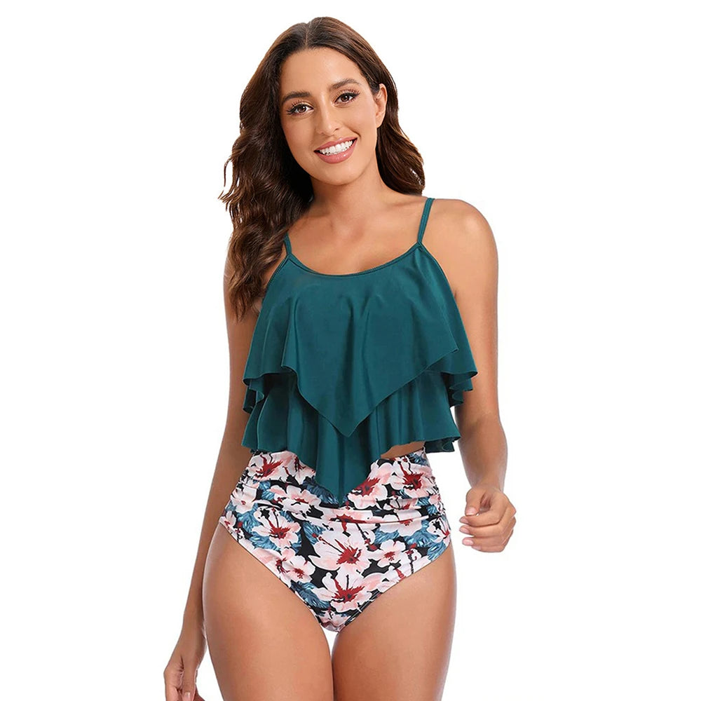Ruffled Tankini Set Padded Top With Adjustable Shoulder Straps
