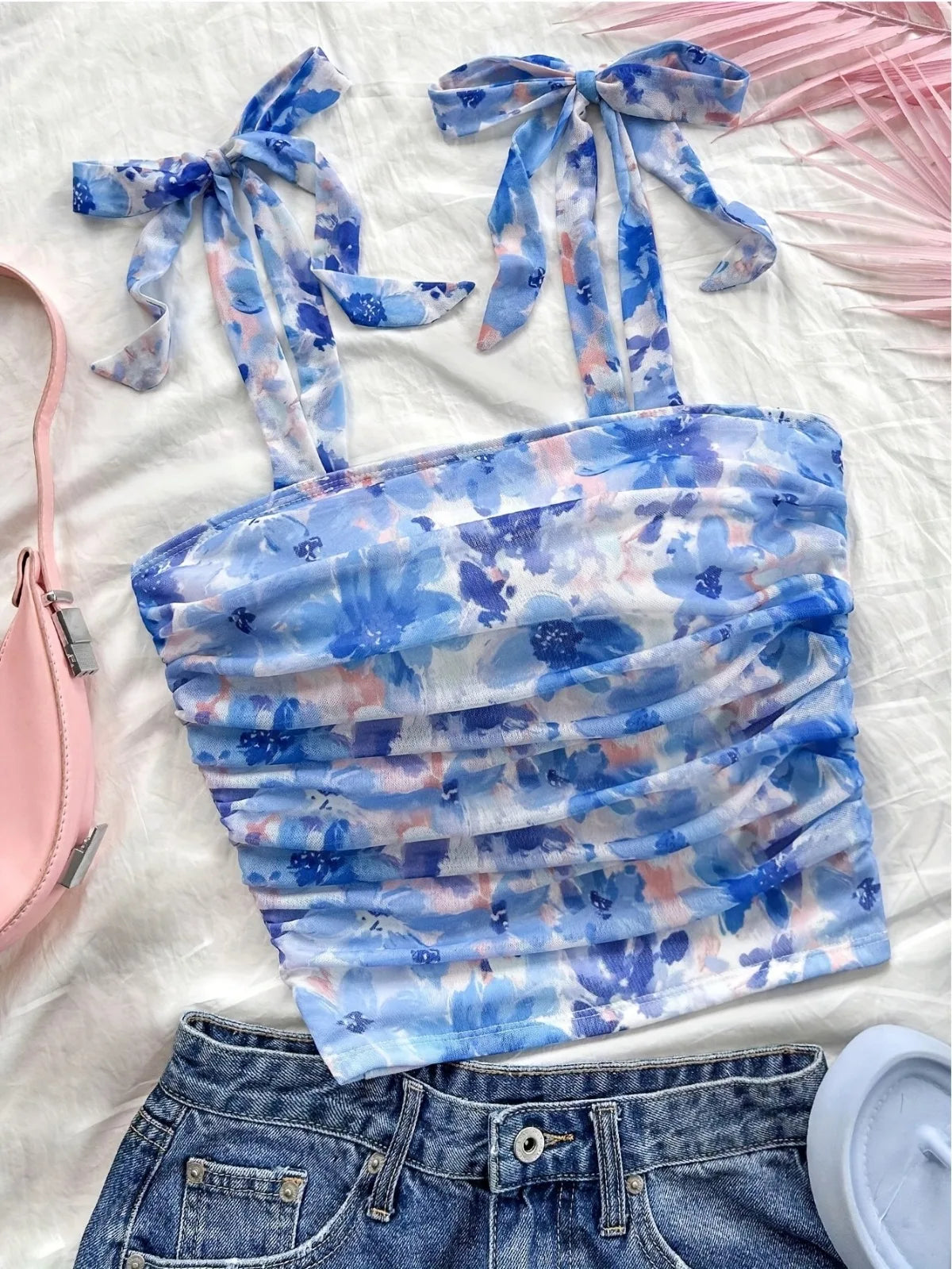 Solid Tie Shoulder Wide Strap Crop Top