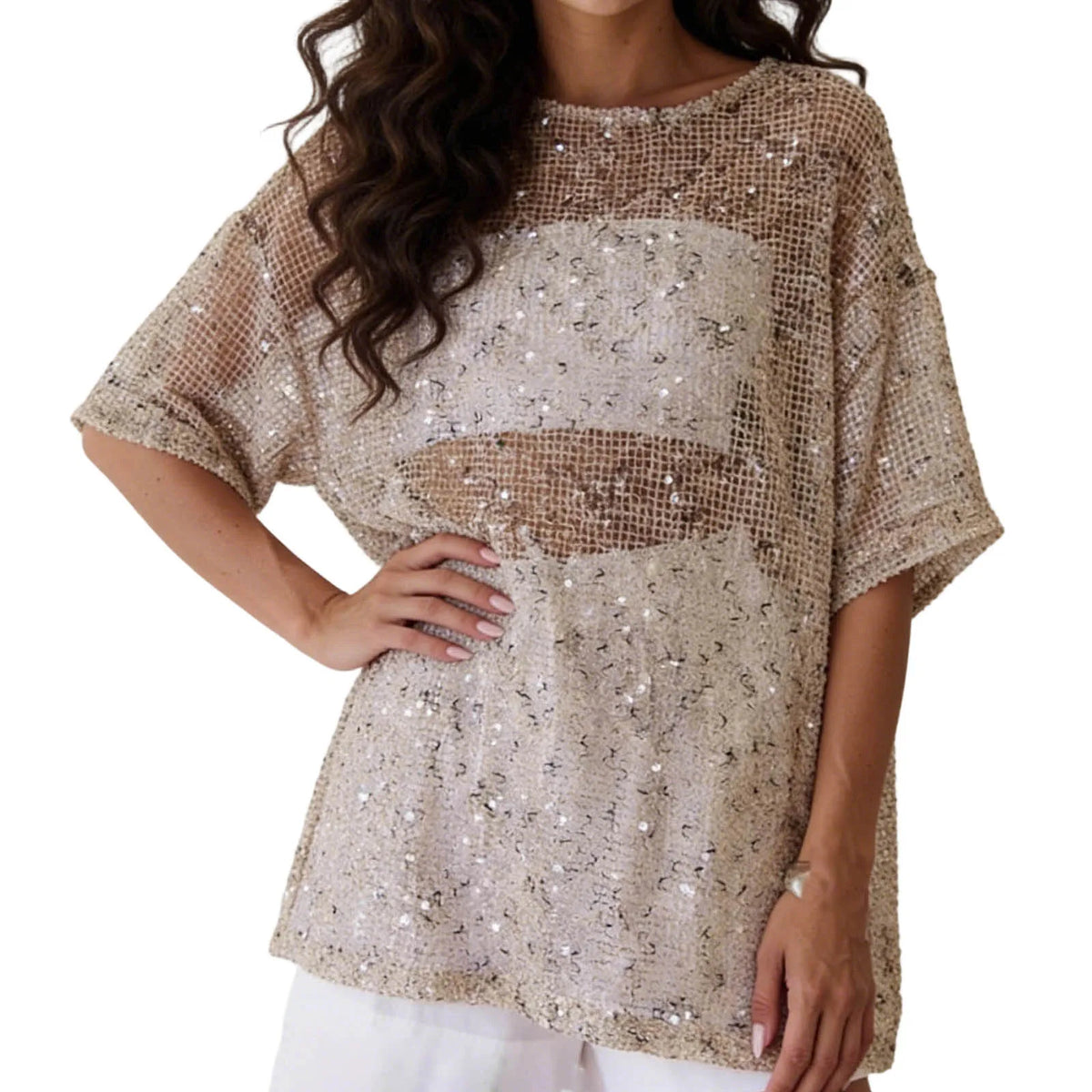 Women's Glitter Sequin Mesh Top