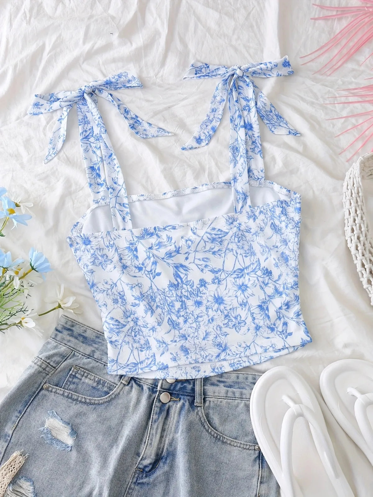 Solid Tie Shoulder Wide Strap Crop Top