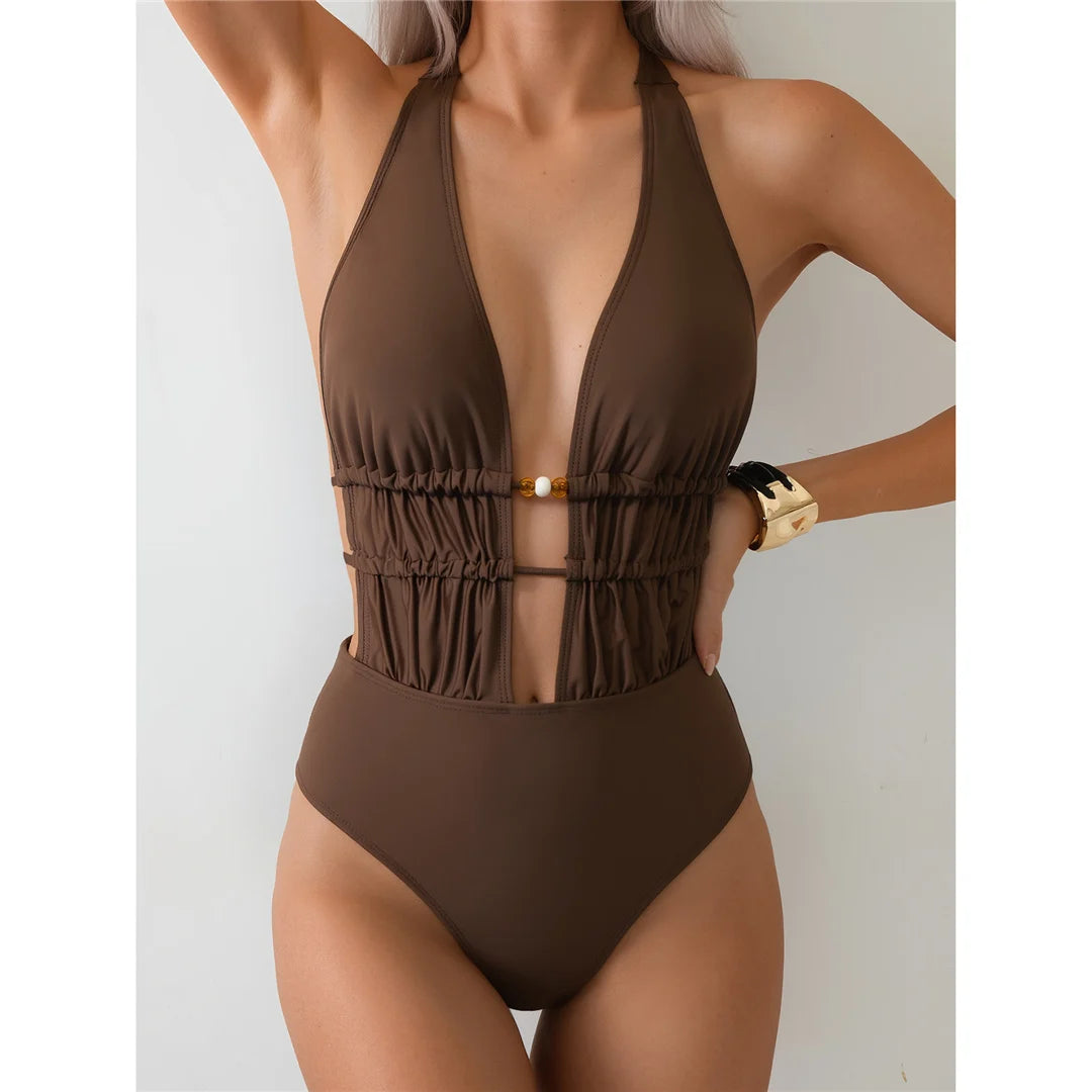 Deep V Neck Halter Wrinkled Women Swimwear