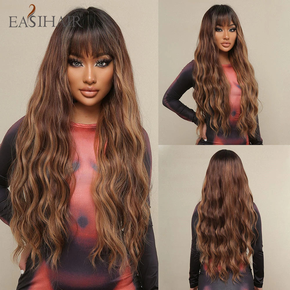 Long Blonde Ombre Brown Synthetic Wigs