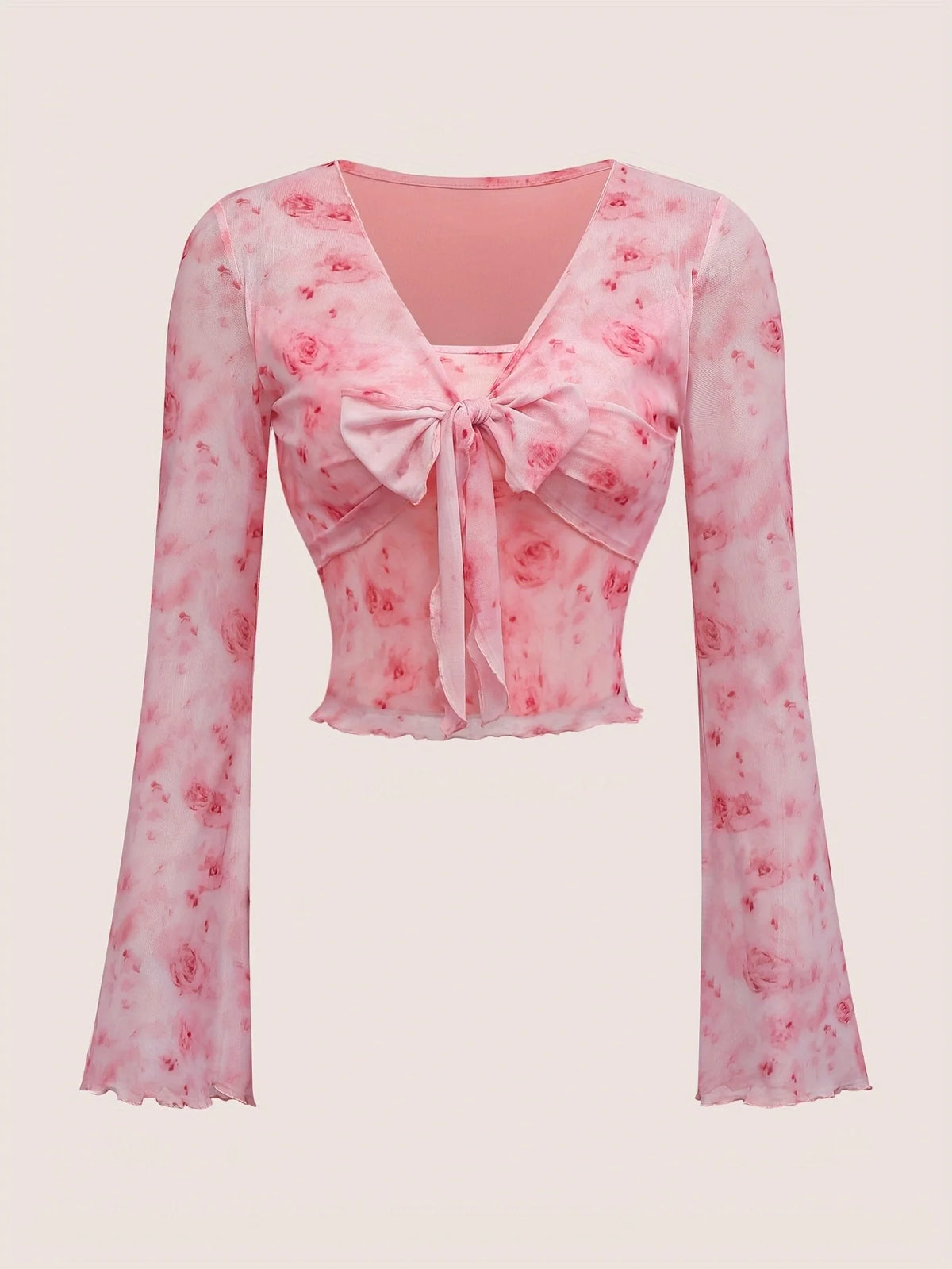 Floral Printed Sweet V-Neck Mesh Top