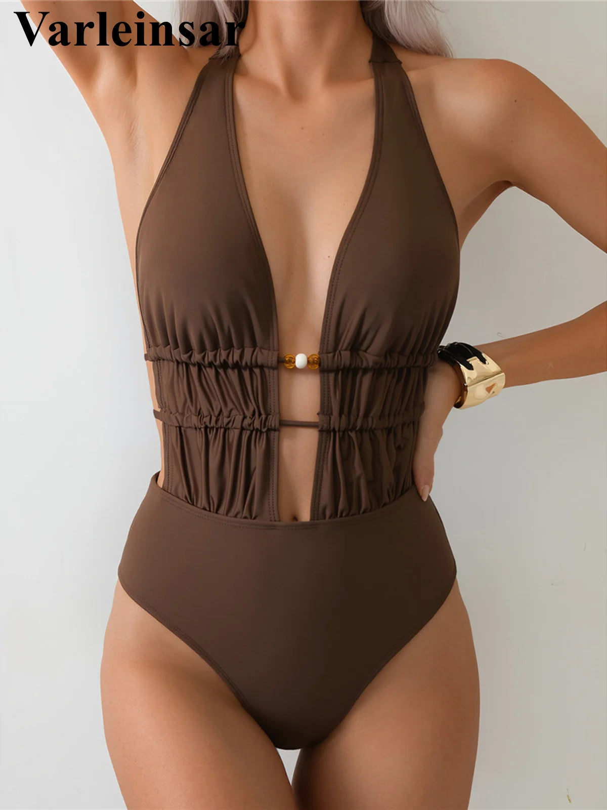 Deep V Neck Halter Wrinkled Women Swimwear